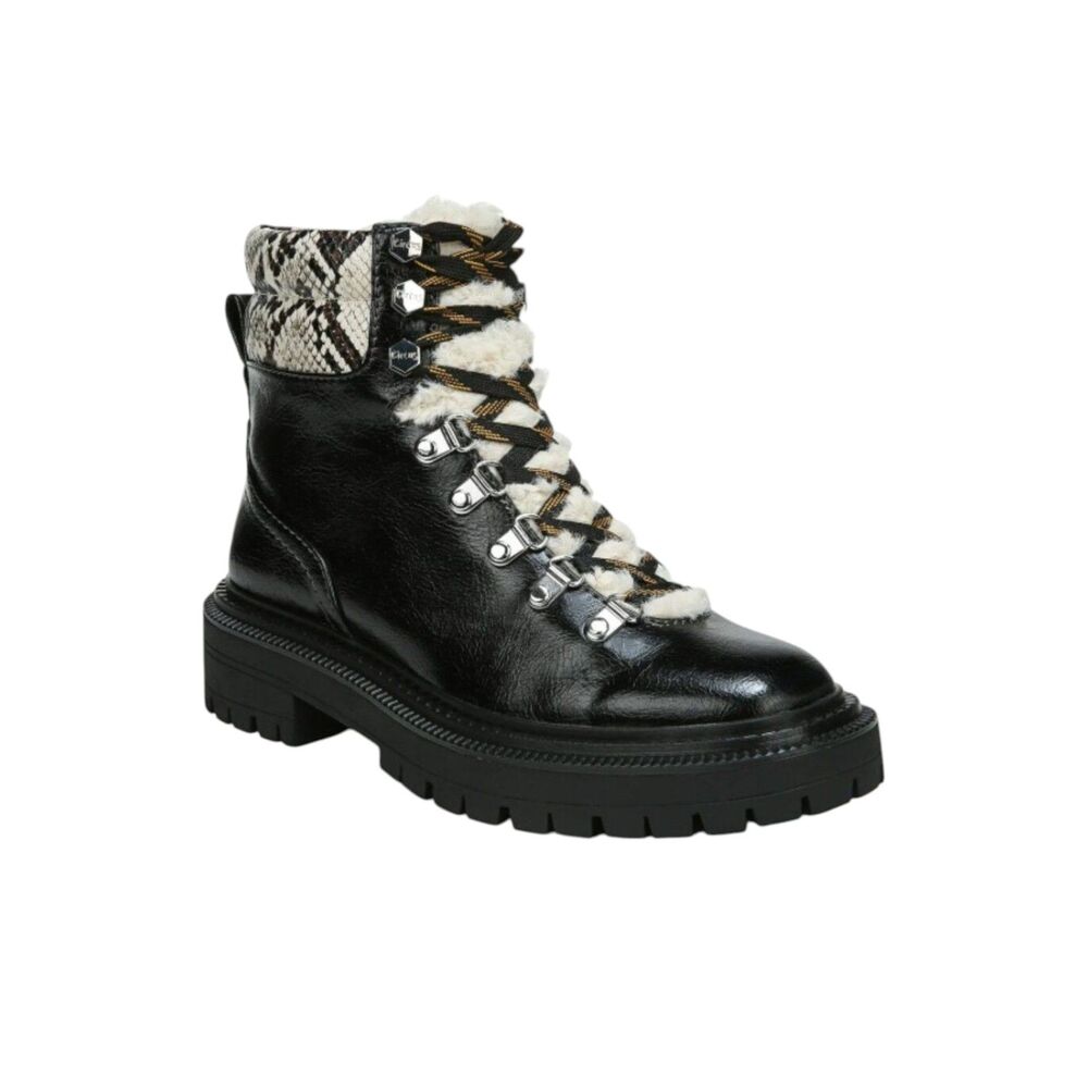 Circus by Sam Edelman Flora Combat Boots Womens 7.5 Black Snake Print Sherpa Lug
